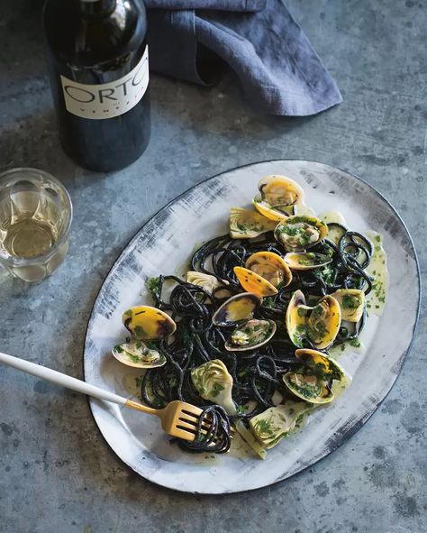 Squid ink pasta with clams | House & Garden Squid Pasta, Pasta With Clams, Squid Ink Spaghetti, Ink Pasta, Clam Pasta, Squid Ink Pasta, Artichoke Pasta, Clam Recipes, Healthy Grilling