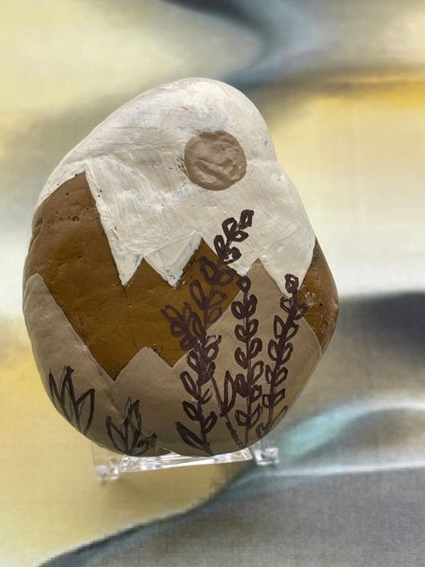 Hand Painted Rock, Boho Botanical Nature Leaf, Mountain, Stone Art, Sealed Hiking Rock Art, Stone Painting Nature, Shell And Rock Art, Rock Mandalas Stone Art, Painted Rocks Fall Theme, White Rock Painting Ideas, Painted Birds On Rocks, Painted Rocks Ideas Easy Funny, Rock Painting Ideas Mountain