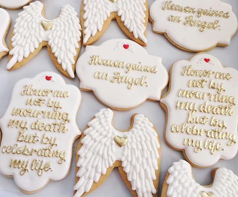 Memorial cookies #memorial #cookies #sugarcookies #decoratedsugarcookies #ohsugarevents #angelwings #angel Angel Wings Cookies Decorated, Memorial Cookies Decorated, Angel Cookies Decorated, Memorial Cookies, Angel Wings Dessert, Angel Wing Cookies, Angel Cookies, Party Food Themes, Cookies Theme