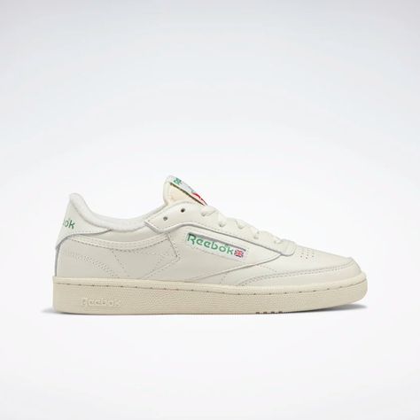 Clean, minimalist design. These women's tennis-inspired shoes keep your look sleek and simple. Pops of subtle contrast color adds a chic touch. A Reebok logo window with a Union Jack gives them old-school style. The upper is made of soft, flexible leather. Club C 85 Vintage Shoes, Reebok Club C 85 Vintage, Club C 85 Vintage, Reebok Club C 85, Reebok Logo, White Reebok, Club C 85, Reebok Classics, Basket Vintage