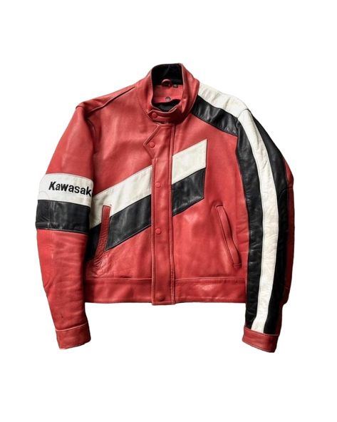 Vintage red leather Kawasaki jacket with white and black accents Black And Red Leather Jacket, Kawasaki Jacket, Red Motorcycle Jacket, Red Motorcycle, White Leather Jacket, Punk Aesthetic, Campaign Posters, Student Council, Black And White Aesthetic