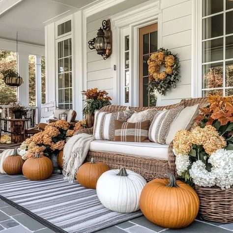 Visualize a striking fall front porch that complements your red door perfectly. Create a bold and inviting autumn entrance that'll wow your guests. Get more fall porch decor ideas for red doors on our blog! Minimalist Fall Porch, Fall Porch Decorating Ideas, Porch Garland, Fall Porch Decor Ideas, Winter Porch Decor, Red Doors, Fall Front Porch Ideas, Summer Porch Decor, Spring Porch Decor