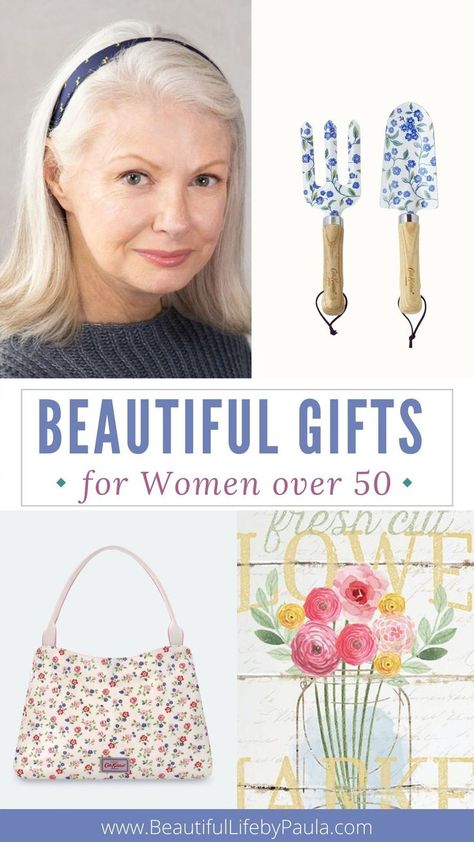 I love these beautiful gifts for women over 50! So pretty, with lovely colors and florals...just what women in their 50's want! | gifts for her | gifts for women | floral gifts | feminine gifts Cute Gifts For Adult Women, Gift Ideas For Women Over 50, Gifts For Women Over 50, Women In Their 50s, 50 Year Old Woman, Over 40 Hairstyles, Feminine Gifts, Angel Christmas Tree, Beautiful Gray Hair