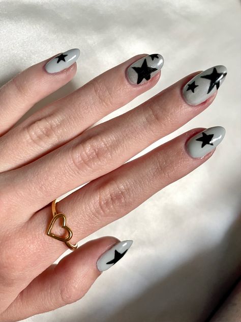 Blue Nails With Silver Accent Nail, Light Gray Nails, Black And Blue Nails, Dark Nail Designs, Ring Finger Nails, Dark Blue Nails, Grey Nail Designs, Light Blue Nails, Star Nail Art