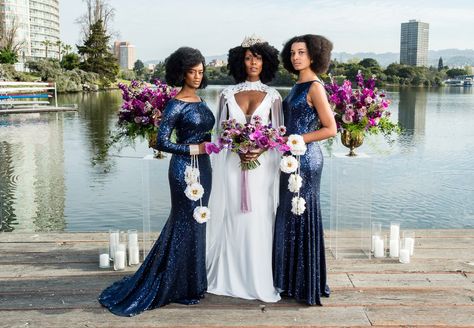 A Wakandan Wedding: This Bridal Shoot Is Inspired by Black Panther, and OMG — It's Gorgeous Black Panther Wedding, Black Panther Theme, Navy Sequin Dress, Unique Wedding Colors, Bridal Styled Shoot, Wedding Color Combos, Wedding Dresses Cinderella, Wedding Palette, Bridesmaids And Groomsmen