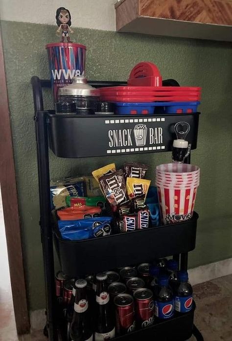 Viral Baby Products Home Popcorn Bar, Movie Theater Ideas At Home, Gaming Room Snack Bar, Snack Station Basement, Theatre Room Snack Bar, Movie Snack Station, Diy Movie Theater Snack Bar, Home Theatre Snack Station, Movie Theatre Snack Bar