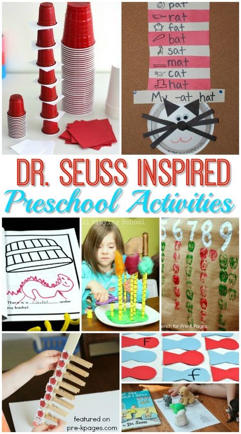 Dr. Seuss Activities for Preschoolers --  Vanessa has many interesting themes and topic ideas Dr Seuss Preschool Activities, Dr Seuss Preschool, Dr Seuss Classroom, Dr Seuss Activities, Dr Seuss Crafts, 3 Dinosaurs, Pre K Pages, Seuss Classroom, Seuss Crafts