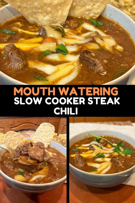 Craving a hearty, comforting meal? This Slow Cooker Steak Chili recipe is the perfect solution! Tender chunks of steak simmer slowly in a rich, flavorful sauce packed with spices, beans, and tomatoes, creating a savory chili that's perfect for cozy nights or game day gatherings. Easy to prepare, just set it and forget it. Let your slow cooker do the work, and enjoy a delicious, satisfying dinner that's sure to warm you up! Steak Chili Recipe Crockpot, Slow Cooker Steak Chili Recipe, Slow Cooker Steak Chili, Chili Ideas, Steak Chili Recipe, Hotel Meals, Steak Chili, Bariatric Meals, Sauteed Tomatoes