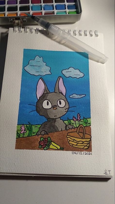 Kikis Delivery Service Drawings, Painting With Markers Ideas, Kiki's Delivery Service Drawing, Watercolour Painting Aesthetic, Studio Ghibli Drawings, Art Diy Canvas, Aesthetic Paintings, Paintings Ideas, Painting Aesthetic