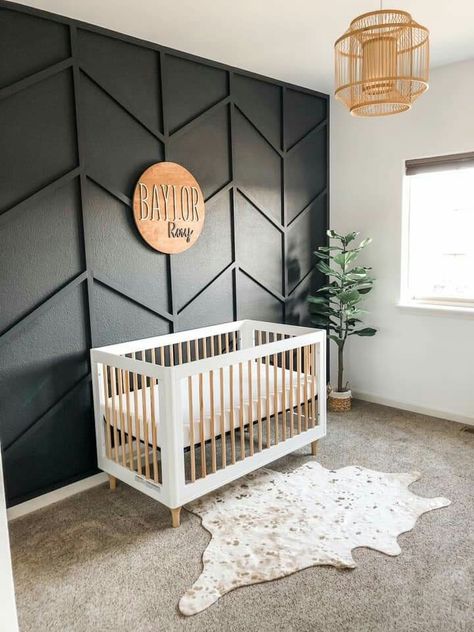 Black Wall In Nursery, Charcoal Accent Wall Nursery, Feature Wall In Nursery, Modern Black Nursery, Accent Walls For Nursery, Dark Grey Accent Wall Nursery, Modern Nursery Black Crib, Black Wall Nursery Boy, Accent Wall Baby Boy Nursery