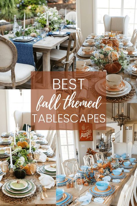 Click here to see this fall tablescape on Home with Holly J! See these nice table settings for your thanksgiving tablescapes. Inspire your fall tablescapes simple with these fall tablescapes thanksgiving centerpieces. Festive thanksgiving table decorations Fall Tablescapes Autumn Centerpieces, Fall Tablescapes Elegant, Themed Tablescapes, Fall Tablescape Ideas, Pumpkin Tablescape, Tablescape Ideas, Tablescape Inspiration, Thanksgiving Table Settings, Fall Tablescapes