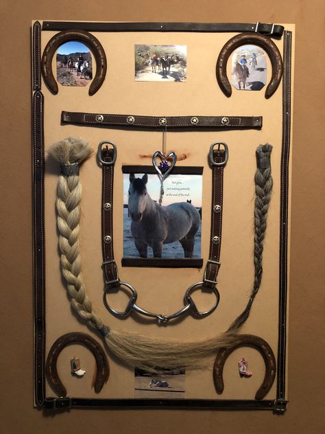 Horse Room Aesthetic, Horse Ideas Creative, Horse Shadow Box Ideas, Equestrian Room, Horse Memorial Ideas, Diy Horse Stuff, Horse Shadow Box, Horse Remembrance, Horse Memory