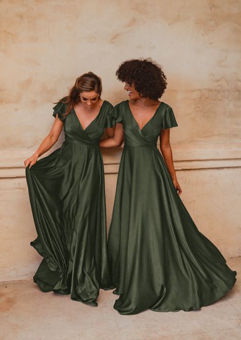 Olive Green Bridesmaid Dresses, Bridesmaid Dresses With Sleeves, Plus Size Bridesmaid, Olive Green Dresses, Green Bridesmaid, Green Bridesmaid Dresses, Bridesmaid Dresses Plus Size, Floor Length Skirt, Satin Bridesmaid Dresses