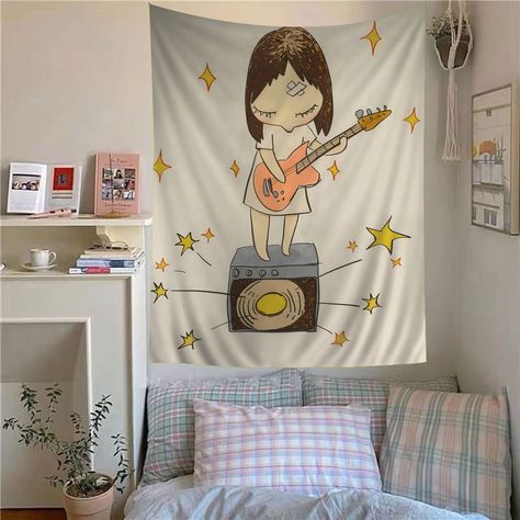 Sleepwalking Dolls Yoshitomo Nara Anime Tapestry Hippie Flower Wall Carpets Dorm Decor Cheap Hippie Cute Room Tapestry, Dorm Dresser Decor, Funny College Dorm Decor, Tapestry Bedroom Cozy, Room Tapestry Ideas, Asylum Room, Pastel Tapestry, Tapestry Anime, Cute Tapestry