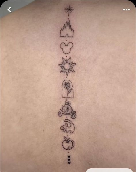 Tiny Disney Tattoos Princesses, Beauty And The Beast Spine Tattoo, Disney Tattoo Sleeve Ideas, Minimalist Stitch Tattoo, Small Disney Princess Tattoos, Disney Icon Tattoo, Disney Book Tattoo, Tangled Tower Tattoo, Cute Tattoos Disney