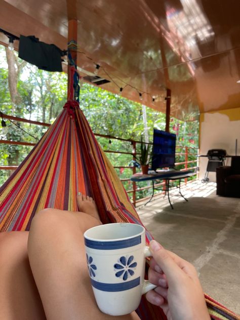 | morning coffee | hammock | coffee | jungle | travel | costa rica | surf | surf vibe | boho | solo travel | tropical vibe | chill | morning routine | house hammock | outside patio | patio furniture | outdoor decor | outdoor lights | Costa Rica Life, House Hammock, Costa Rica Living, Dreams Costa Rica, Jungle Travel, Costa Rica Surf Camp, Travel Costa Rica, Costa Rica Surf, Yoga In Costa Rica