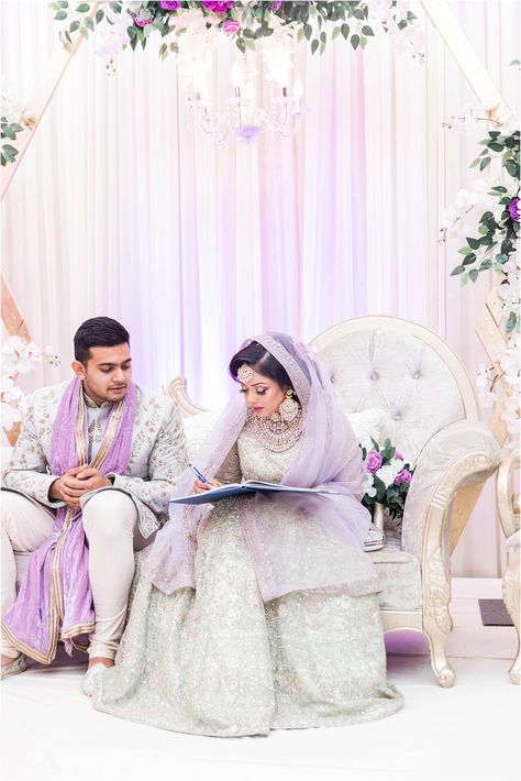 Sarah + Safinur’s Lavender Themed Nikkah | Photography by Azra Lavender Indian Wedding, Asain Wedding, Nikkah Photography, Purple Wedding Reception, Scarborough Toronto, Indian Wedding Decorations Receptions, Engagement Stage Decoration, Bride Reception Dresses, White Wedding Decorations