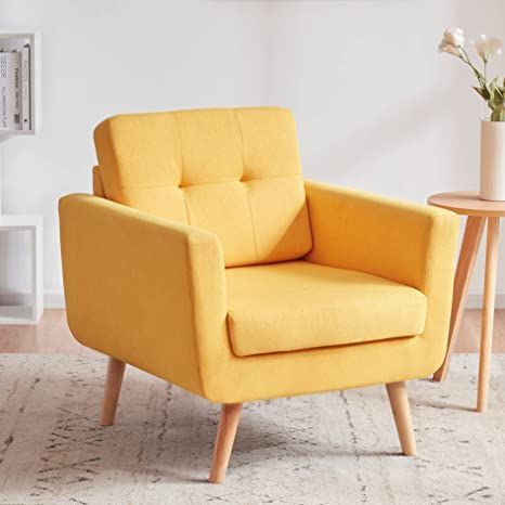 Tbfit Linen Fabric Accent Chairs, Mid Century Modern Armchair for Living Room, Bedroom Button Tufted Upholstered Comfy Reading Accent Chair Sofa(Yellow) Sofa Yellow, Tufted Armchair, Comfy Reading, Mid Century Modern Armchair, Yellow Sofa, Sofa Beige, Tufted Arm Chair, Fabric Accent Chair, Single Sofa Chair