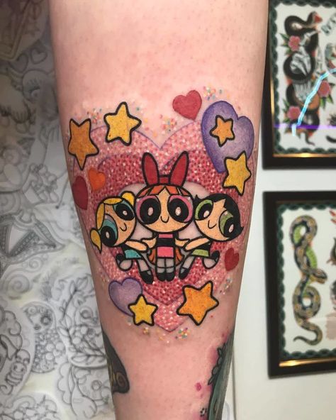 Buttercup Tattoo, Minion Tattoo, 90s Tattoos, Powerpuff Girls Cartoon, Cartoon Tattoo, Cartoon Character Tattoos, Kawaii Tattoo, Cute Little Tattoos, Tatuaje A Color