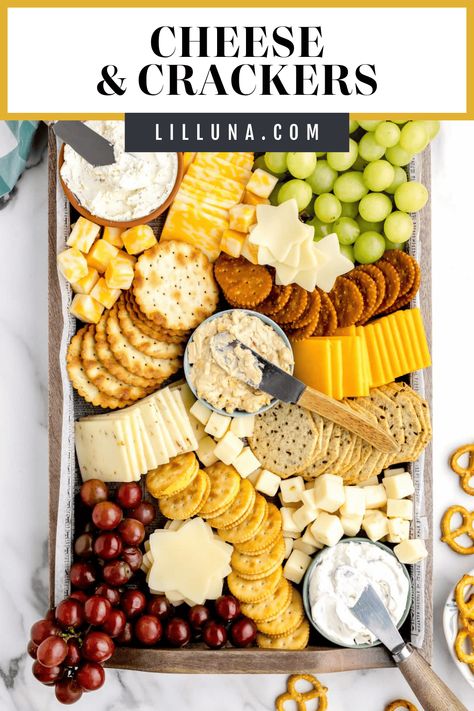 This classic cheese and crackers board is a favorite for sharing, and perfectly customizable for any occasion! #cheeseandcrackers #cheeseboard #charcuterieboard #cheeseandcrackers Crackers And Cheese Platter Ideas Party Trays, Cheese And Crackers Board, Easy Cheese Crackers, Cracker Board, Cheese And Cracker Platter, Charcuterie Trays, Thanksgiving Apps, Cheese And Cracker Tray, Club Crackers