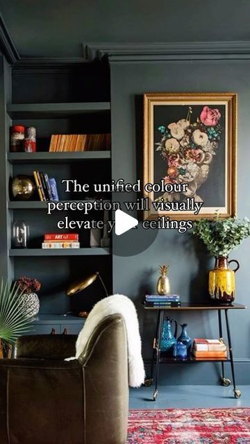 Eve Rusakova on Instagram: "By unifying the wall and ceiling paint color, the overall aesthetic of the room is enhanced, creating a seamless transition between the two surfaces. This technique visually elevates the ceiling, making it seem higher than it actually is. When the walls and ceiling share the same color, it eliminates any harsh lines or breaks that can visually confine a space. As a result, the continuity draws the eye upward, giving the illusion of greater height and openness. This effect can be particularly beneficial in smaller rooms, where maximizing the sense of space is often a priority. Additionally, a monochromatic color scheme can contribute to a more serene and cohesive atmosphere, further enhancing the feeling of spaciousness.
.
.
.
#decor #decortips #painttips #decora Illusion Of Space, Ceiling Paint Colors, Beyond Human, Divine Art, Ceiling Painting, Wood Bar Table, Transitional Decor Kitchen, Monochromatic Color Scheme, Transitional Living