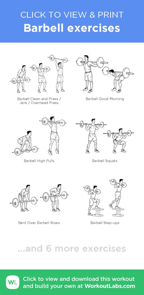 Barbell exercises – click to view and print this illustrated exercise plan created with #WorkoutLabsFit Barbell Good Morning, Barbell Exercises, Workout Labs, Barbell Squat, Barbell Workout, Exercise Plan, Free Workout, Overhead Press, Free Workouts