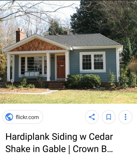 Cedar shake gable and white column goals Cedar Shake Gable, White Craftsman Exterior, Cedar Shake Siding Accent, Gables On House Exterior, Porch Gable, White Craftsman, Hardy Plank Siding, Cedar Shake Siding, Green Siding