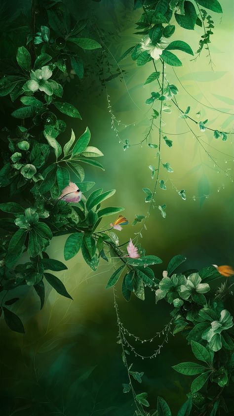 Explore a tranquil green wallpaper featuring lush foliage, delicate vines, and pastel butterflies. Perfect for a calming aesthetic. #Wallpaper #Nature #Aesthetic Spring Forest Aesthetic, Calming Aesthetic Wallpaper, Bleach Jacket, Vines Aesthetic, Ivy Wallpaper, Aesthetic Wallpaper Nature, Serenity Wallpaper, Murals Ideas, Calming Aesthetic