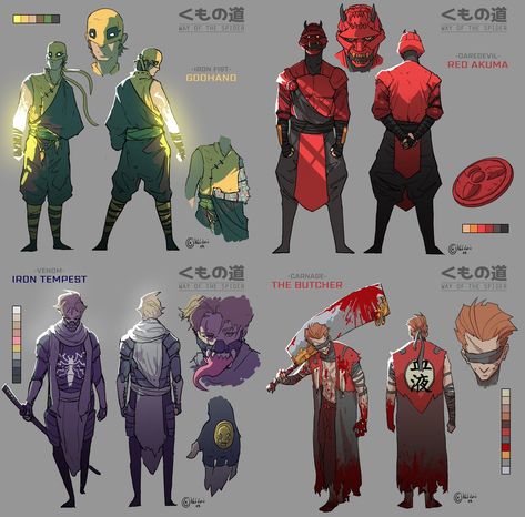 Samurai Design Concept Art, Spiderman Character Design, Superhero Design Oc, Superhero Design Male, Marvel Oc Character Design, Super Villain Character Design, Spiderman Concept Art, Villain Concept Art, Ninja Concept Art