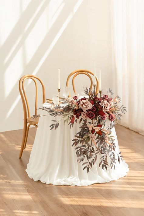 Minimalist Sweetheart Table, Vendela Roses, Main Table Wedding, Avalanche Rose, Head Table Wedding Decorations, Willow Eucalyptus, Farm Wedding Reception, Flower Swag, Floral Swags