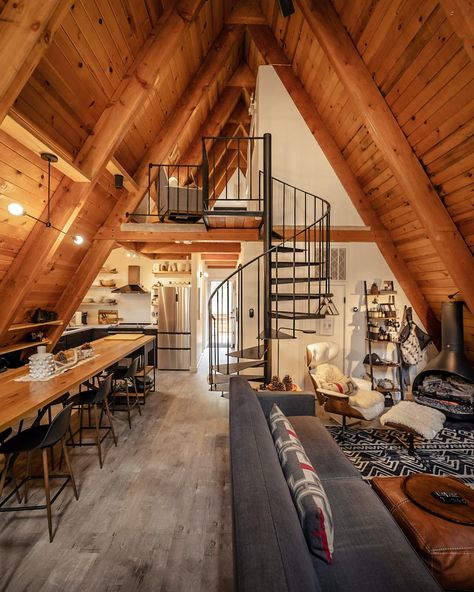 Photo 4 of 13 in KÜLHAUS Cabin Tahoe by KULHAUS, llc - Dwell Kitchens In A Frame House, One Story A Frame House, A Frame Spiral Staircase, A Frame Color Schemes, Interior A Frame Cabin, Rustic A Frame House, Aframe Home Designs, A Frame Interior Design Cabin, A Frame House Decor