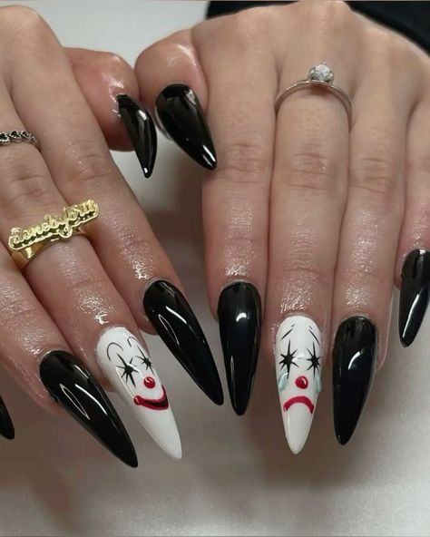 Nails Horror, Clown Nails, Circus Nails, Black Clown, Laugh Now Cry Later, Horror Nails, Long Stiletto Nails, Long Stiletto, Punk Nails