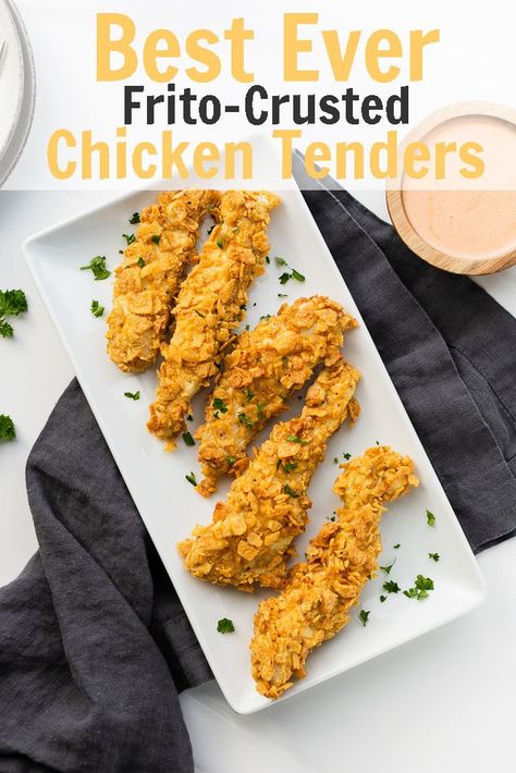 Frito Breaded Chicken, Fritos Chicken, Frito Crusted Chicken, Frito Chicken, Easy Chicken Tenders, Frito Recipe, Crusted Chicken Tenders, Breaded Chicken Tenders, Baked Chicken Tenders