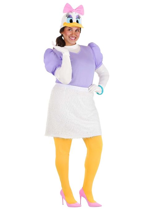 PRICES MAY VARY. Size: 3X 100% polyester shirt, skirt, gloves and headpiece; 95% polyester, 5% spandex leggings Jersey knit pullover long sleeve shirt has zipper down center back Spandex yellow tights have an elastic waistband Jersey knit white skirt lining w/ eyelash faux fur, elastic waistband, tail sewn on the back side This Plus Size Disney Daisy Duck Costume starts with a purple jersey shirt, featuring Daisy's signature puffed sleeves and long white sleeves underneath to imitate her arms. T Plus Size Daisy Duck Costume, Daisy Duck Costume For Women, Duck Costume For Women, Daisy Duck Costume, Daisy Costume, Disney Daisy Duck, Duck Costume, Mickey Mouse Headband, Yellow Tights