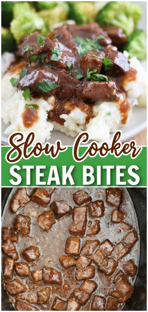 Slow Cooker Steak Bites - perfect for an easy and delicious weeknight dinner. Chunks of steak are slow cooked to tender perfection in a savory gravy. It takes just a few minutes of prep and you will have a scrumptious dinner waiting when you get home! Flat Iron Steak Crockpot, Frozen Steak In Crockpot, Sirloin Tip Steak Recipes Crockpot, Steak Bites With Gravy, Steak Tips Crock Pot, Crock Pot Steak Recipes, Steak Crockpot Recipes, Slow Cooker Steak Bites, Steak In Crockpot