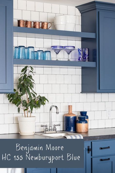 Benjamin Moore HC 155 Newburyport Blue Navy cabinet color Newburyport Blue, Blue Painted Cabinets, Lily Pad Cottage, Countertop Concrete, Navy Cabinets, Basement Finish, House Basement, Square Tiles, Black Countertops