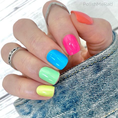 Lachelle on Instagram: “⚡️Easter Neon Mani⚡️ To say I’m obsessed would be an understatement! I wanted a fun and bright Easter themed mani, and This. Is. It!…” Multi Color Neon Nails, Neon Multicolor Nails, Multi Color Summer Nails, Colored Nail Tips, 2022 Nails, Pedi Ideas, Nail Color Combos, Summer Board, Nails Today