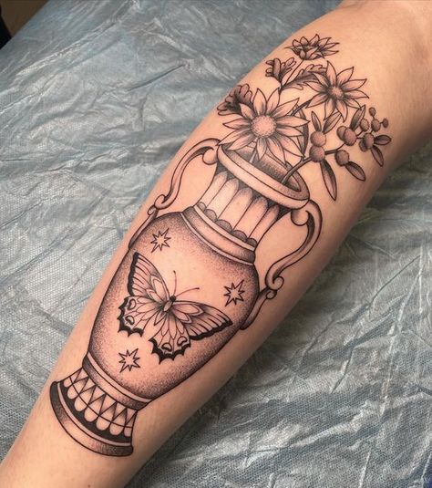 Vase And Flower Tattoo, Traditional Flower Vase Tattoo, Vase Of Flowers Tattoo, Vase With Flowers Tattoo, Flowers In Vase Tattoo, Vase Tattoo Design, Flower Vase Tattoo, Hipster Tattoos, Vase Tattoo