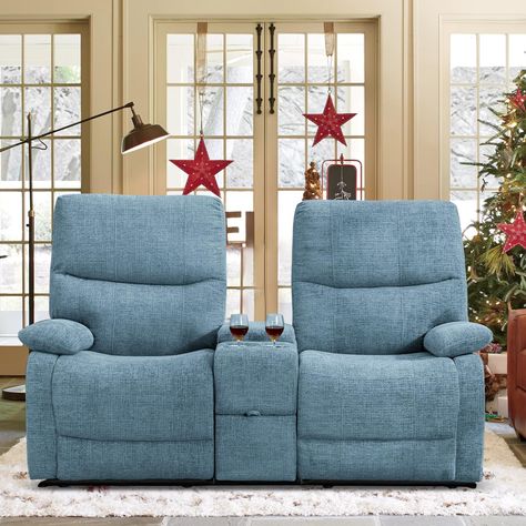 Blue Recliner, Sofa With Cup Holders, Double Recliner, Reclining Couch, Rv Sofas, Blue Sofas, Recliner Loveseat, Small Table And Chairs, Patchwork Sofa