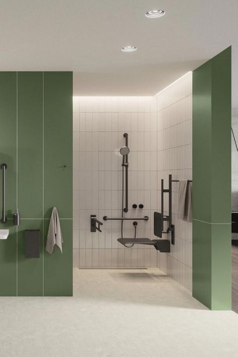 Senior Shower Design, Hospital Bathroom Design, Public Shower Room Design, Hospital Bathroom, Disabled Toilet, Public Shower, Shower Wheelchair, Accessible House, Accessible Bathroom Design