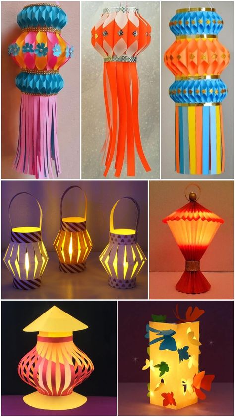 Learn to Make Diwali Lantern Paper Crafts Check more at https://www.kidsartncraft.com/diwali-lantern-paper-crafts/ Easy Paper Crafts For Diwali, Diwali Diy With Paper, Diy Diwali Lamps Ideas, Diwali Lalten Diy, Unique Lantern Ideas For Diwali, Diwali Lamp Craft, Diwali Lanterns Handmade, Palarong Pinoy, Kandil Making Ideas For Diwali