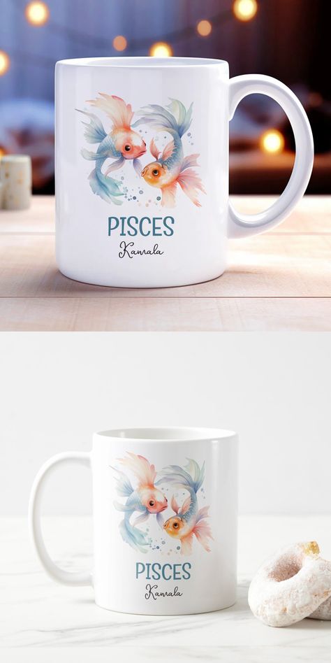 Cute Pisces Fish Zodiac Watercolor Illustration Personalized Coffee Mug Pisces Fish, Cute Coffee Mug, Cute Watercolor, A Meme, Cute Coffee Mugs, Cute Coffee, Personalized Coffee Mugs, Add Personality, Pisces Zodiac