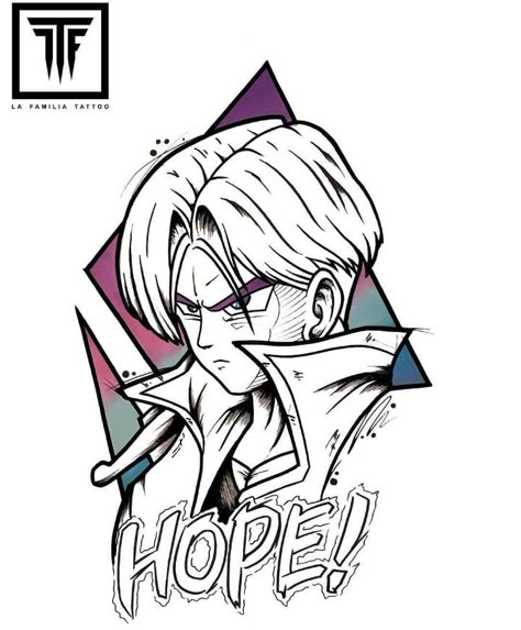 Future Trunks - Hope, Dragon Ball Super Future Trunks Tattoo, Trunks Tattoo Ideas, Trunks Dbz Tattoo, Trunks Drawing, Trunks Tattoo, Trunks Dragon Ball, Dbz Tattoo, Dbz Drawings, Dragon Ball Tattoo