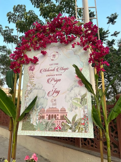 Wedding Sunboard Design, Indian Engagement Backdrop, Wedding Decorations Indian Stage, Indian Wedding Background, Mandap Decor Indian, Indian Outdoor Wedding Decor, Bougainvillea Wedding, Leaf Decor Wedding, Mandap Design