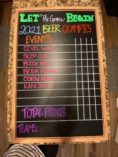 Our beer olympics board! Allows a couple of extra spaces for guests to contribute event ideas! Teams of 4-5 listed at the bottom, initials at the top of the columns for score keeping! Chalk board from @michaelsstores and chalk pens from @homegoods #beerpong #beerolympics #olympics #diy #adulting #adultgames #adultolympics Christmas Beer Olympics, Beer Olympics Team Themes, Bachelorette Olympics, Adult Olympic Party Games, Beer Olympics Scoreboard, Beer Olympics Teams, Drunk Olympics, Beer Olympics Party, Olympic Party Games