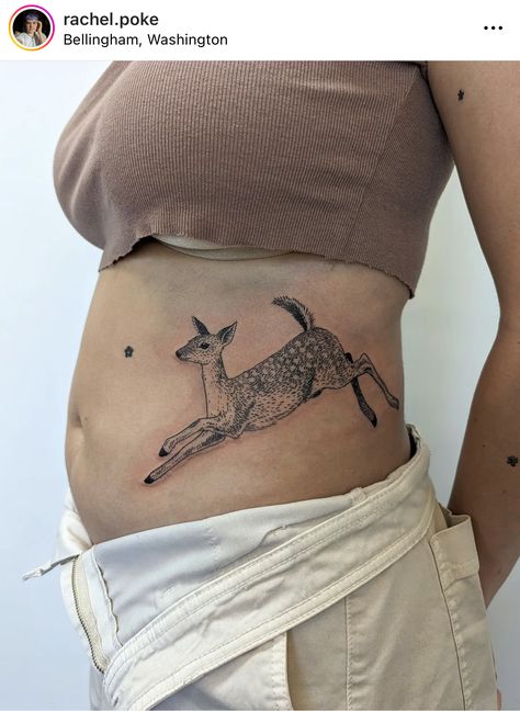 Deer Jumping Tattoo, Decolatage Tattoo, Animal Chest Tattoo Female, Hot Mulligan Tattoo, Vintage Looking Tattoos, Realistic Deer Tattoo, Dear Tattoos, Taxidermy Tattoo, Deer Tattoos For Women