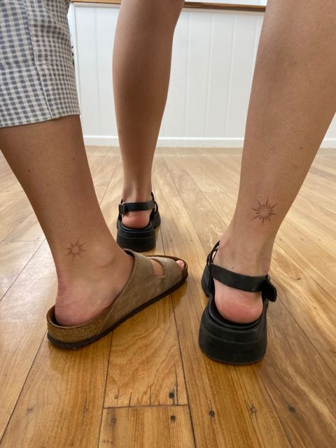 Sun Tattoo Small Ankle, Sun On Ankle Tattoo, Ankle Fine Line Tattoo, Matching Ankle Tattoos Friends, Sun Matching Tattoo, Ankle Sun Tattoo, Fine Line Foot Tattoo, Matching Ankle Tattoos, Matching Sun Tattoos