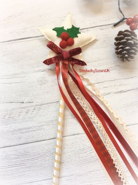 StitchedbySistersuk Christmas Wands, Diy Christmas Ribbon, Felt Holly, Holly Leaves And Berries, Ribbon Wands, Witch Wand, Handmade Fairy, Fairy Wands, Holly Leaves