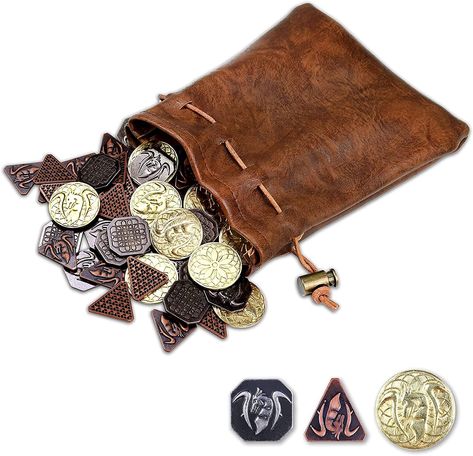 Byhoo 60PCS DND Coins with Leather Pouch, Gold, Silver and Copper Coins in Metal Coins, Fantasy Coins for Board Games, Fake Coins for Games Tokens, Role-Playing Coins of Dungeons and Dragons Dnd Coins, Fantasy Coins, Rpg Board Games, Pirate Coins, Fantasy Role Playing, Gaming Token, Dragon Images, Gold Money, Copper Coins