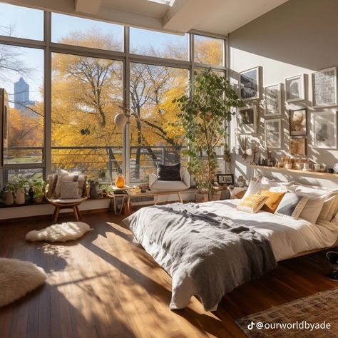 Room With Floor To Ceiling Windows, Loft Big Windows, Floor To Ceiling Windows Apartment Decor, Aesthetic Loft Bedroom Cozy, Bedroom With Floor To Ceiling Windows, Floor To Ceiling Window Apartment, Bedroom With Huge Windows, Big Windows Bedroom, Long Windows Bedroom